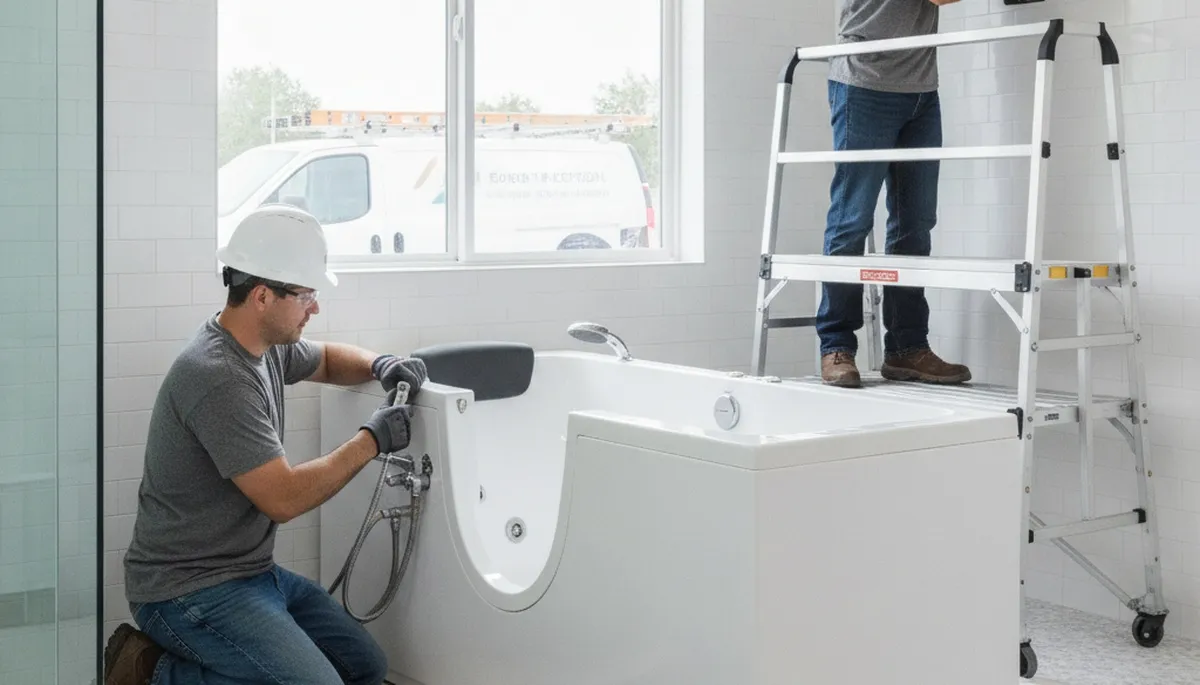 Albany, NY plumber installing a walk-in tub for safer home bathing